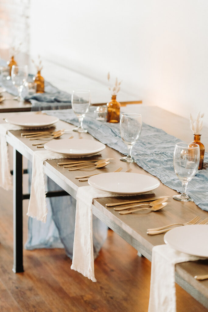 blue and amber table setting