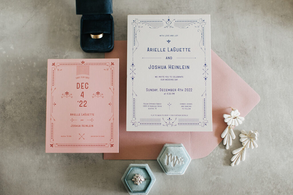Eclectic wedding invitation for an winter Austin wedding.