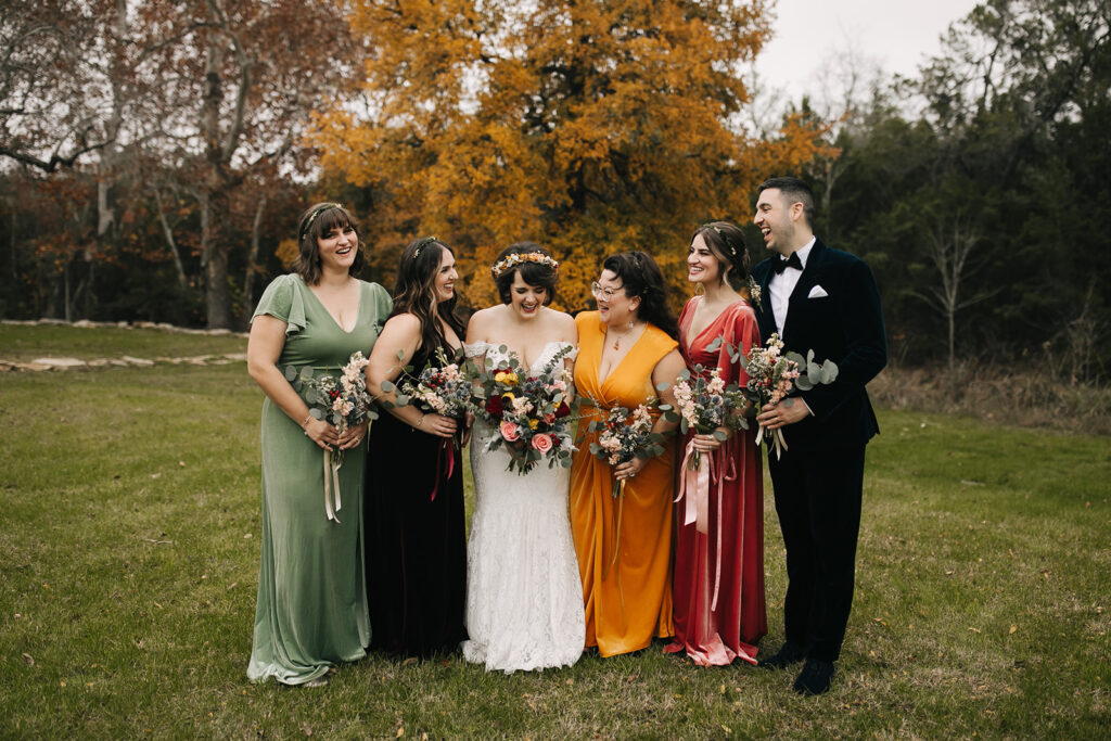 Colorful velvet bridesmaids dresses for an Austin wedding.