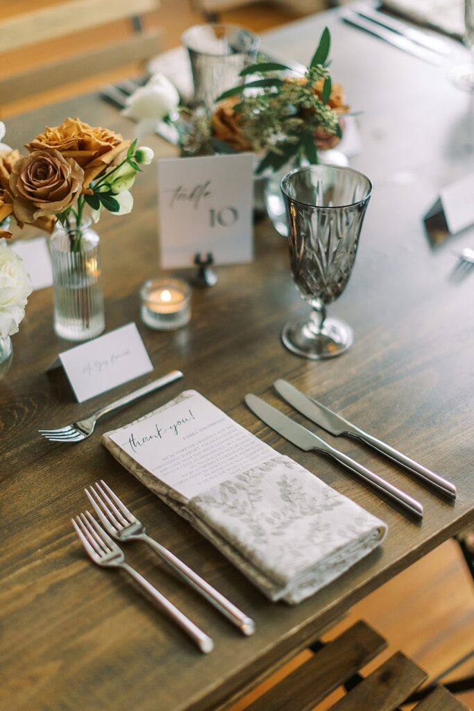 A table setting at the One Eleven East Wedding Venue.