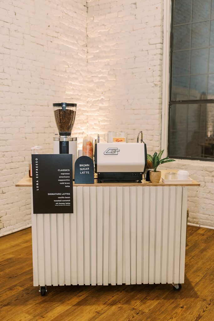 A coffee cart at One Eleven East Wedding Venue.