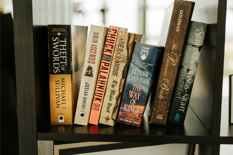 A bookshelf display for wedding decor. 