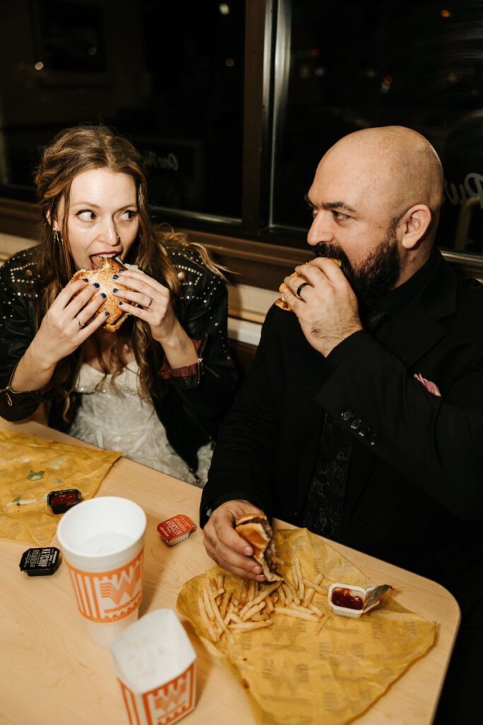 Bride and groom share Whataburger after wedding at Prospect House.