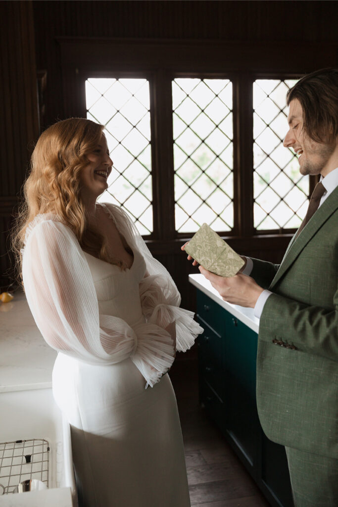 Bride and groom share private vows in the kitchen of The Grand Lady Austin. 