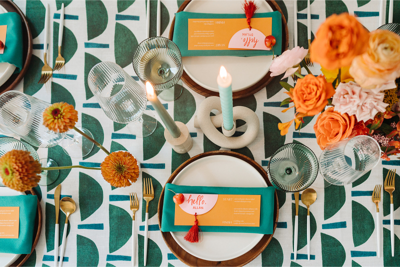 Top view of a styled wedding reception table at one of the most unique Austin wedding venues.