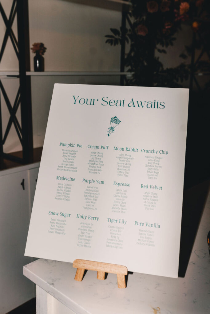 A sign on an easel titled "Your Seat Awaits" displays a seating chart with tables named after desserts, each listing several guest names.