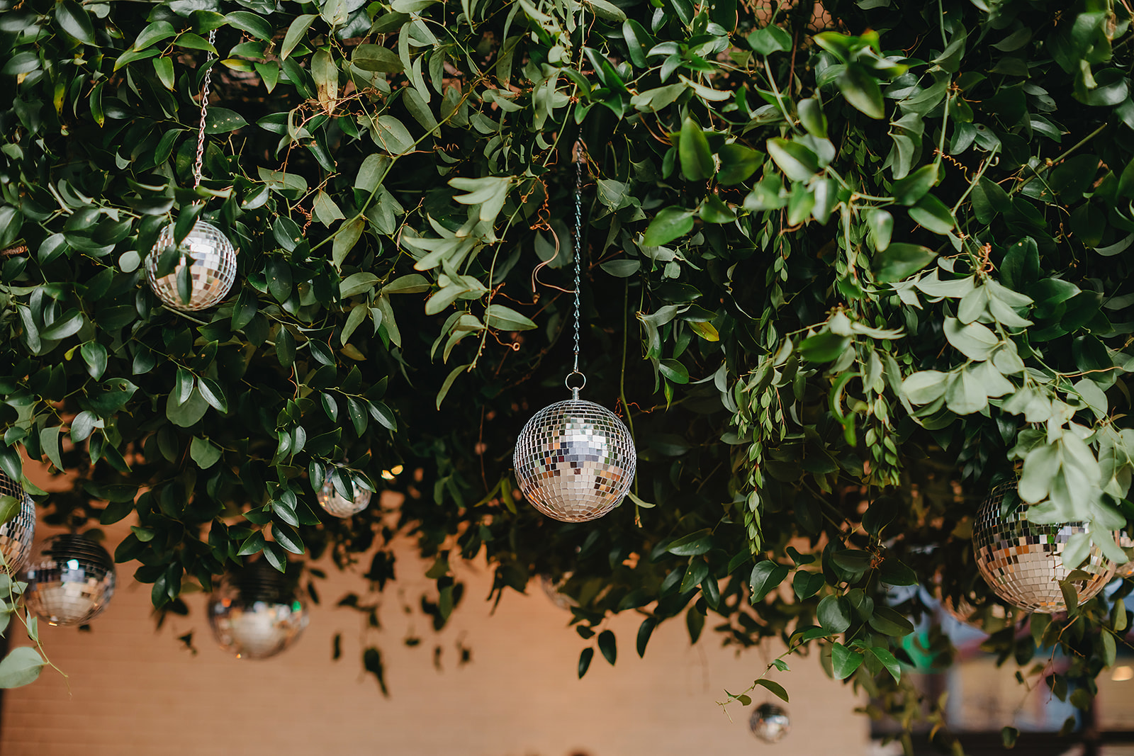 Several small disco balls hang from lush green foliage, creating a decorative display and elevated guest experience.