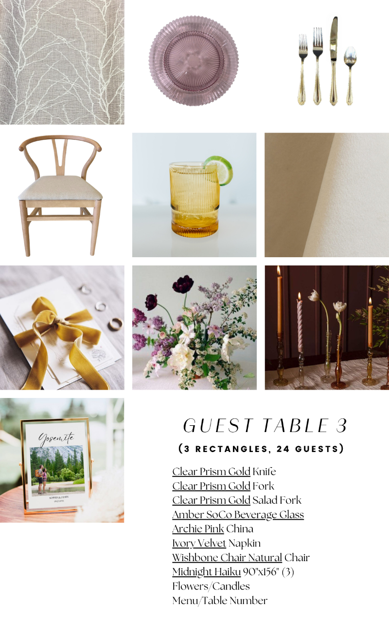 Table 3 design board showing gold flatware, pink china, clear glass, wooden chair, yellow drink, gold candles, ribbon, flowers, and a list of table items for a formal event.