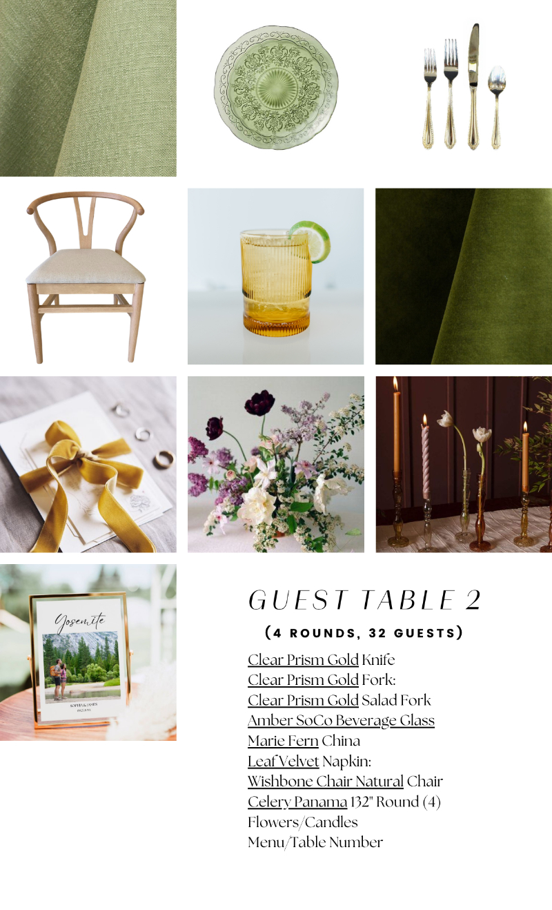 A mood board for a guest table setting featuring green linens, gold flatware, a wood chair, amber glass, floral arrangements, candles, ribbon, and a list of tableware and decor items.