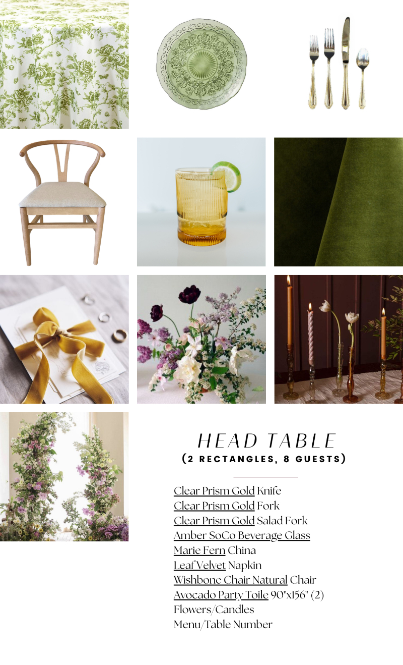 Mood board featuring green and gold tableware, floral elements, cutlery, glassware, a decorative chair, napkin, and a list detailing items for a head table setup for eight guests.