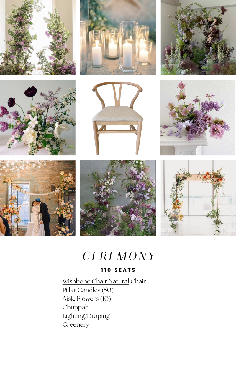 A wedding ceremony mood board includes floral arrangements, pillar candles, a wishbone chair, a couple under a chuppah, and a ceremony plan listing seating and decor details.