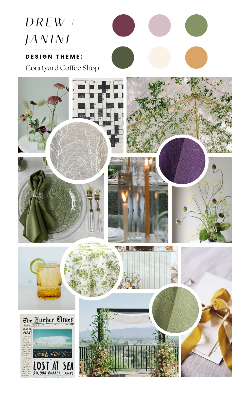 Mood board for a courtyard coffee shop featuring fabric swatches, greenery, tableware, a newspaper, drinks, and a view, with a palette of green, mauve, purple, and gold.
